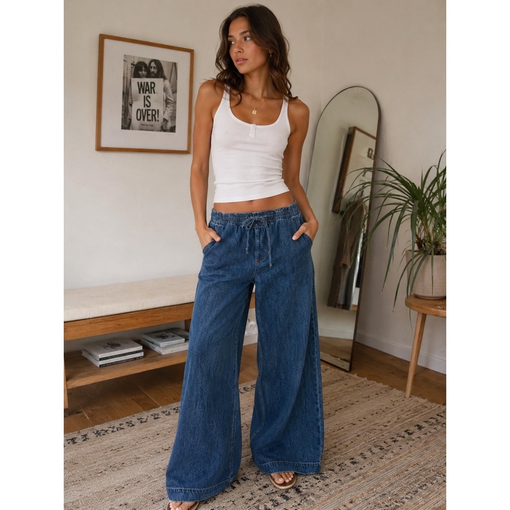 Habitual Womens Wide Leg Dark Denim Pants Medium Wash Elastic Waist Size M